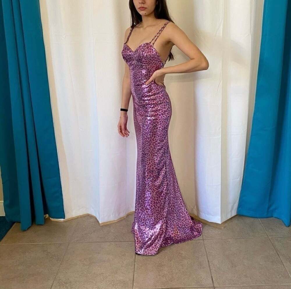 Mori Lee Y2K Barbiecore Sequin Leopard Print Open Back Maxi Prom Gown Size 2